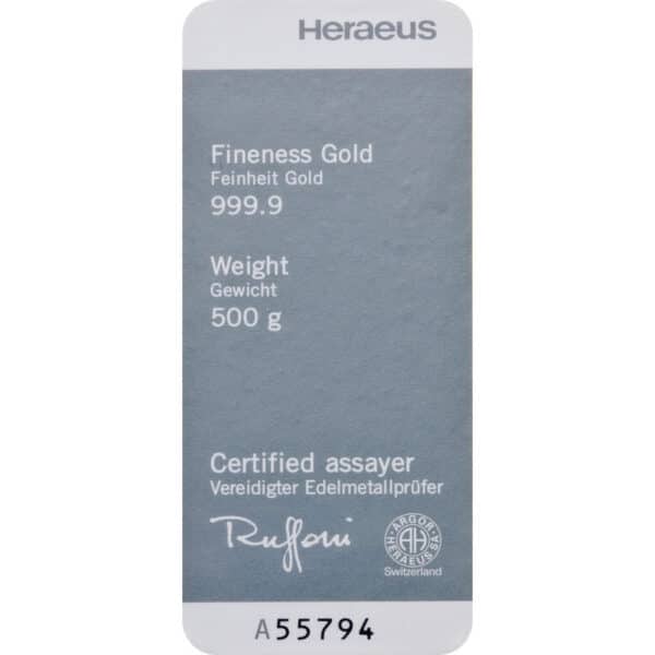 Goldbarren 500g - Heraeus – Bild 2